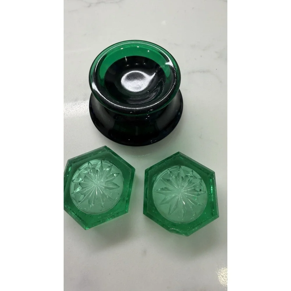 Vintage Green Glass Salt Cellar Dip Set 3